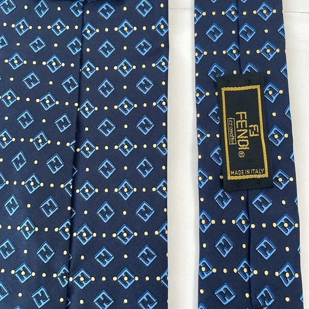 Fendi Cravatte Silk Tie Navy Blue with Light Blue Fendi Logo Yellow Dots